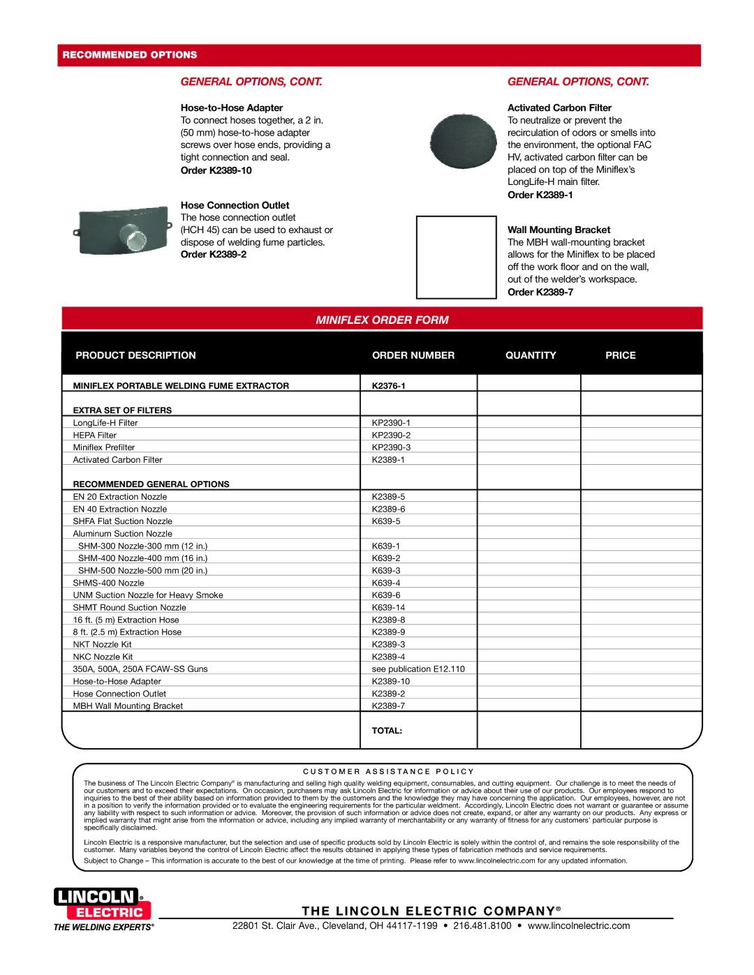 Lincoln Electric K2376-1 warranty Product Description Order Number Quantity Price 