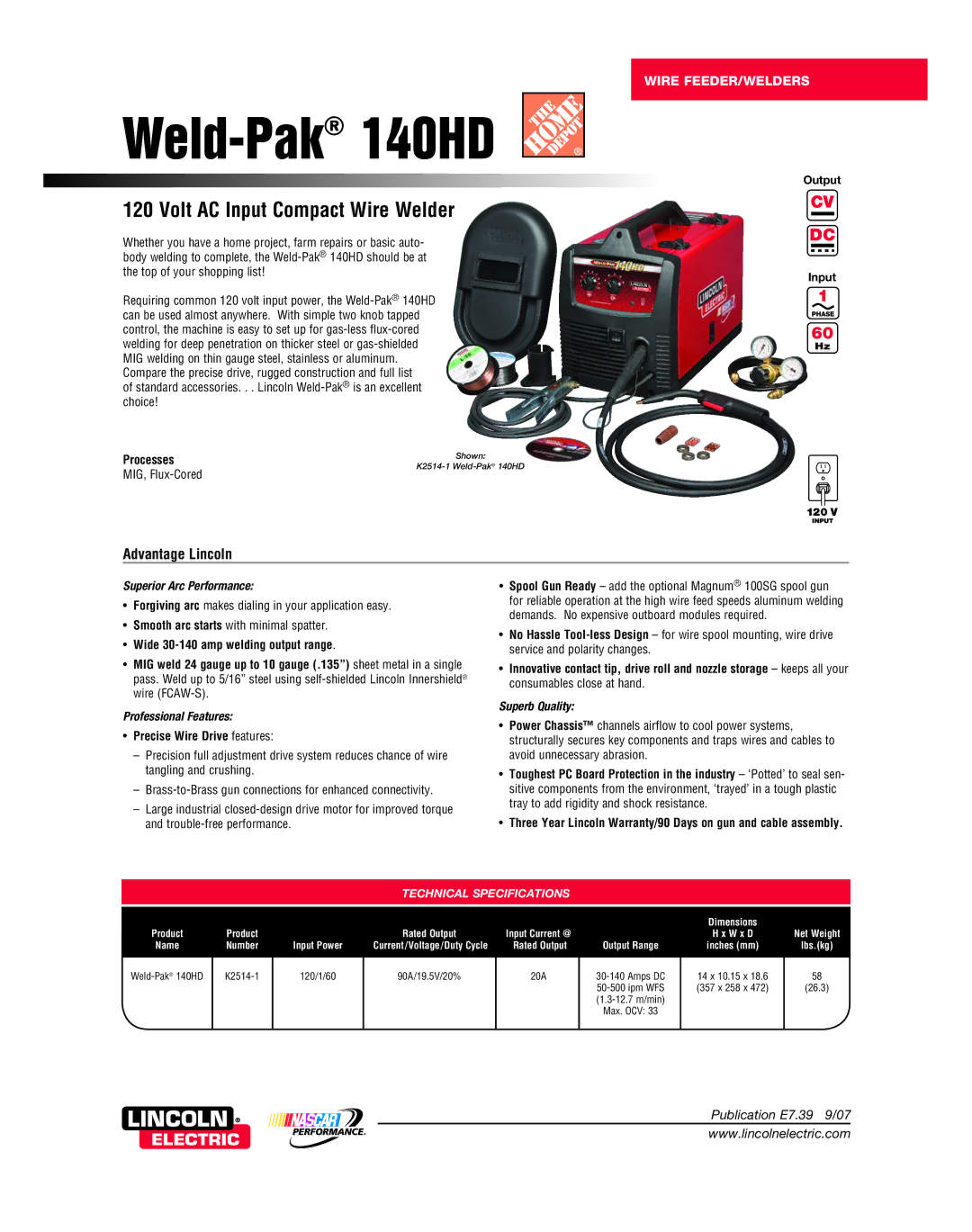 Lincoln Electric K2514-1 warranty Weld-Pak140HD, Output Input 