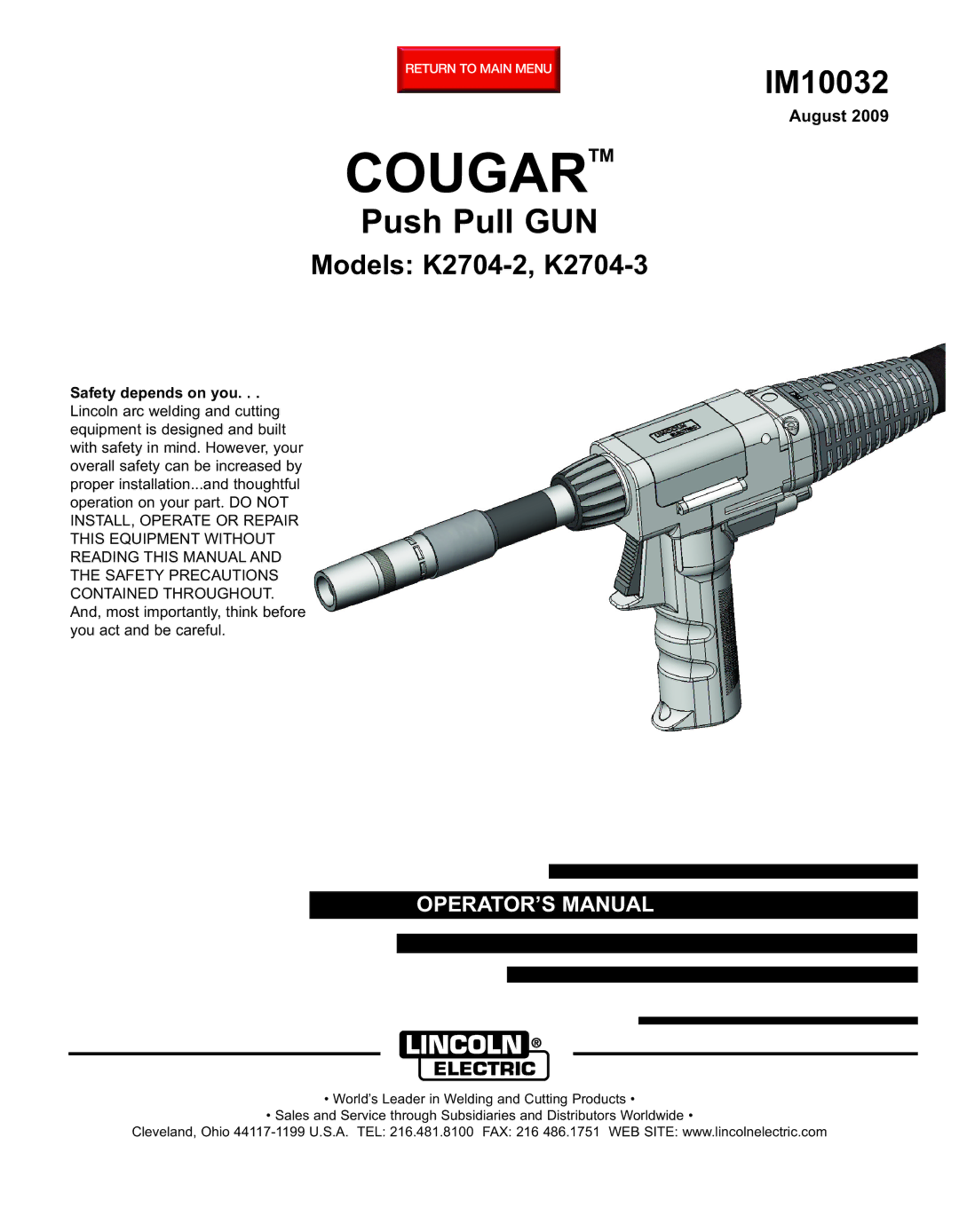 Lincoln Electric K2704-2, K2704-3 manual Cougartm, Safety depends on you 