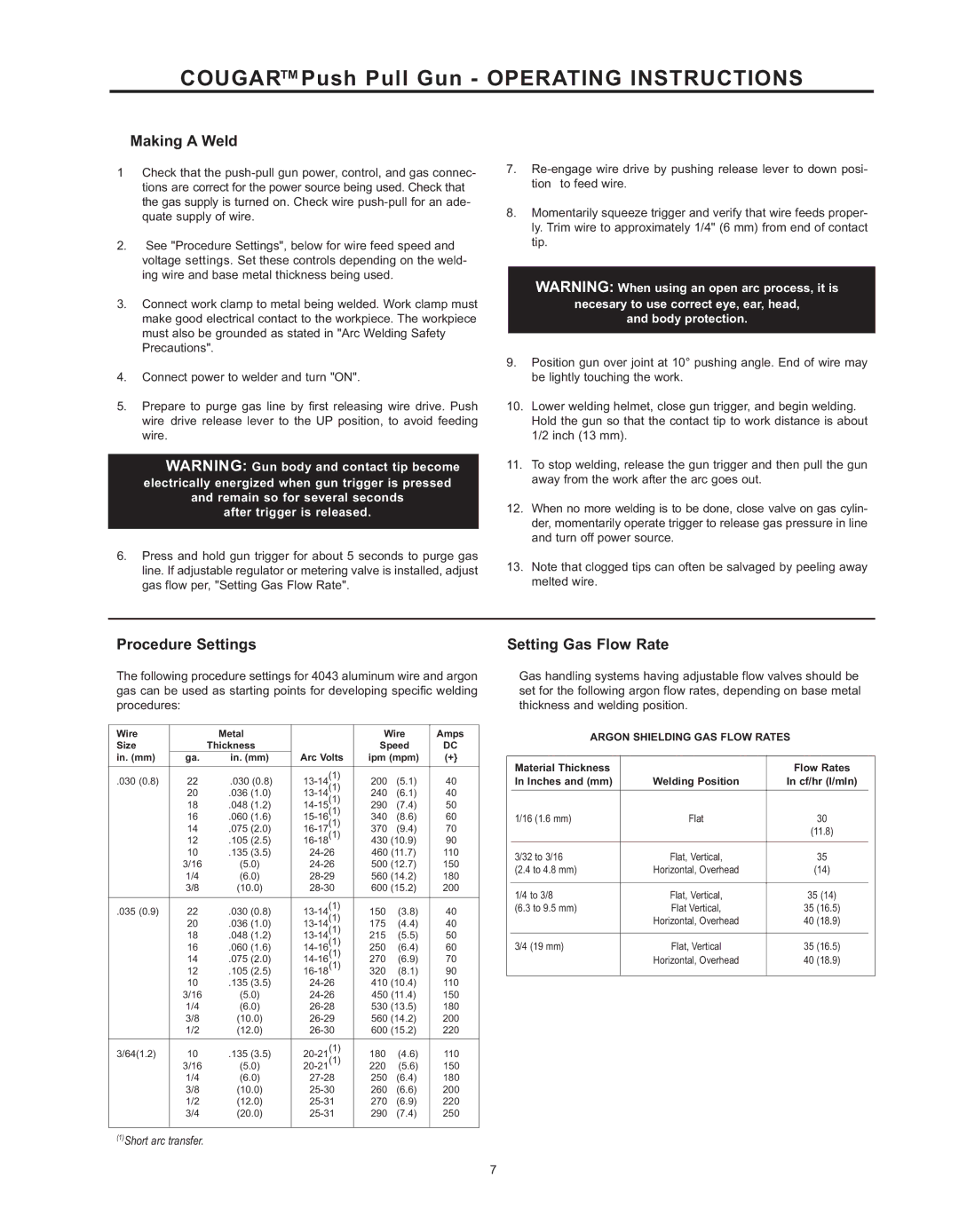 Lincoln Electric K2704-2, K2704-3 manual COUGARPush Pull Gun Operating Instructions, Making a Weld, Procedure Settings 