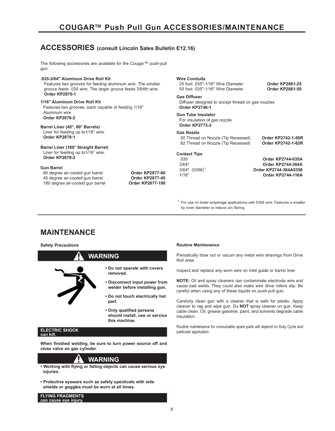 Lincoln Electric K2704-3, K2704-2 manual Cougar Push Pull Gun ACCESSORIES/MAINTENANCE, Maintenance 