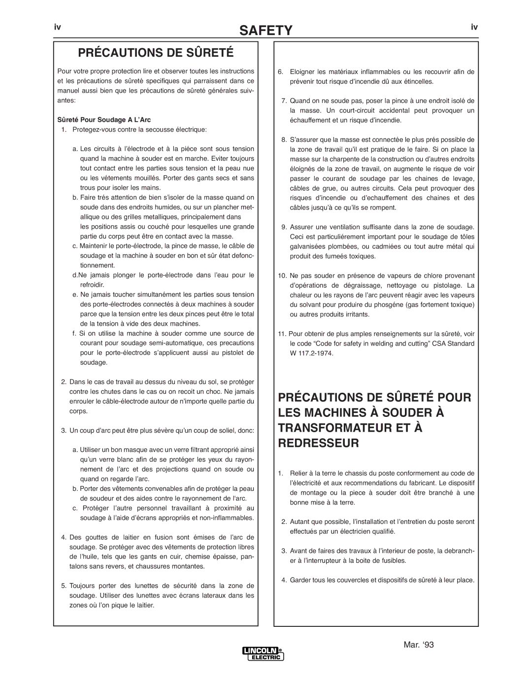 Lincoln Electric K2704-2 Précautions DE Sûreté Safety, Précautions DE Sûreté Pour, LES Machines À Souder À, Redresseur 