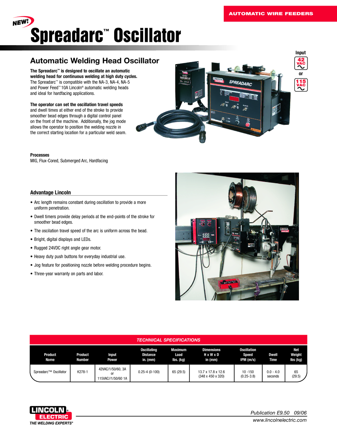 Lincoln Electric K278-1 technical specifications Spreadarc Oscillator, Advantage Lincoln 