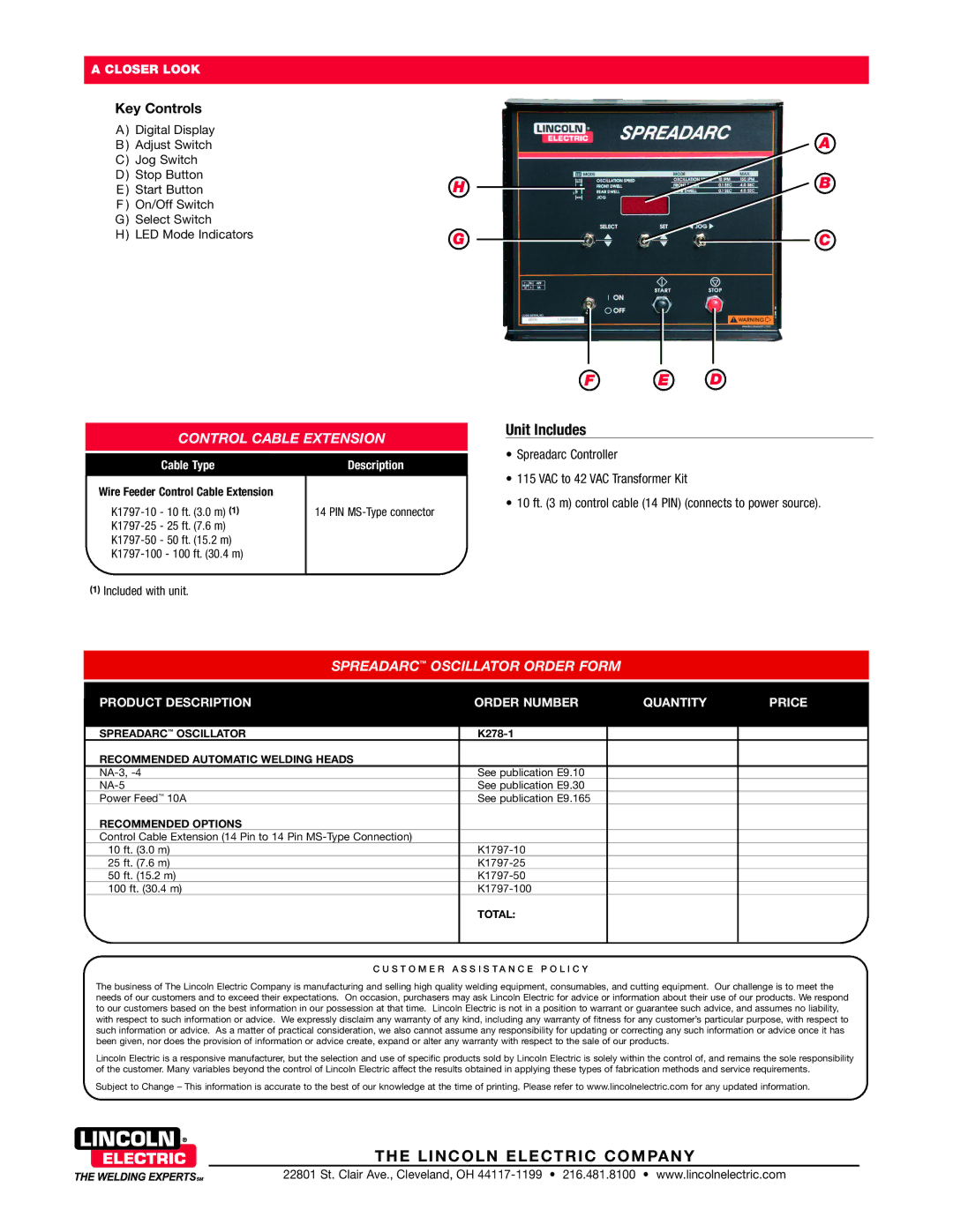 Lincoln Electric K278-1 technical specifications Unit Includes, Cable Type, Description 