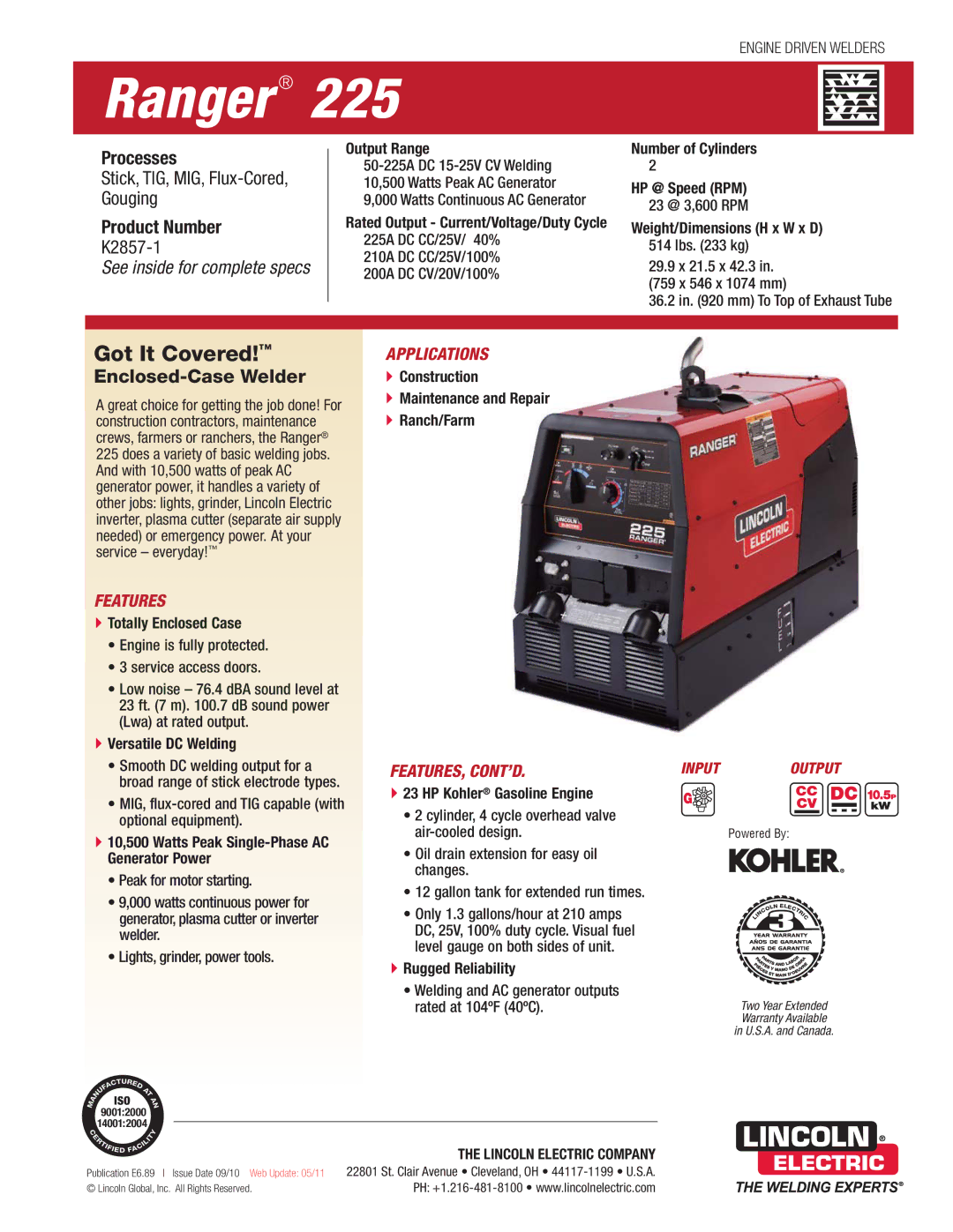 Lincoln Electric K2857-1 dimensions Rated Output Current/Voltage/Duty Cycle, 90012000 140012004 