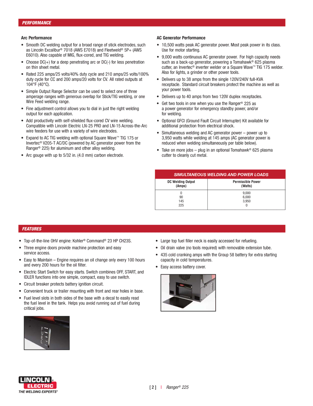 Lincoln Electric K2857-1 Arc Performance, AC Generator Performance, Features, DC Welding Output Permissible Power 