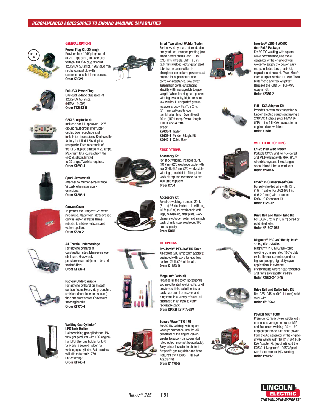 Lincoln Electric K2857-1 dimensions Recommended Accessories to Expand Machine Capabilities, Power MIG 180C 