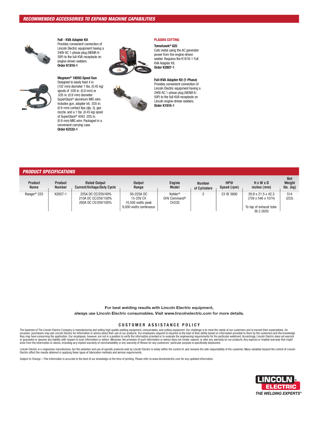 Lincoln Electric K2857-1 dimensions Product Specifications, Hp@ 