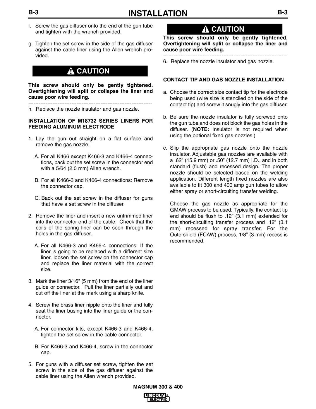 Lincoln Electric K1802-1, K471, K470, K514, K2286-1 manual Contact TIP and GAS Nozzle Installation 