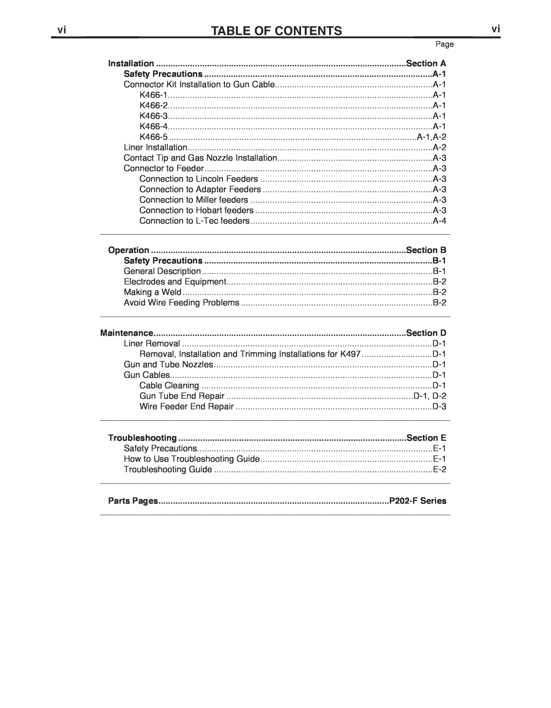 Lincoln Electric K2950, K497 manual TAbLE OF CONTENTS, Section A, Section b, Section D, Section E, P202-F Series 