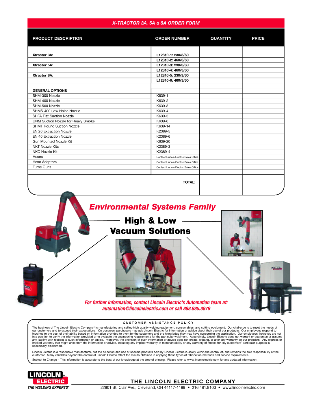 Lincoln Electric L12810-1, L12810-5 Tractor 3A, 5A & 8A Order Form, Product Description Order Number Quantity Price 