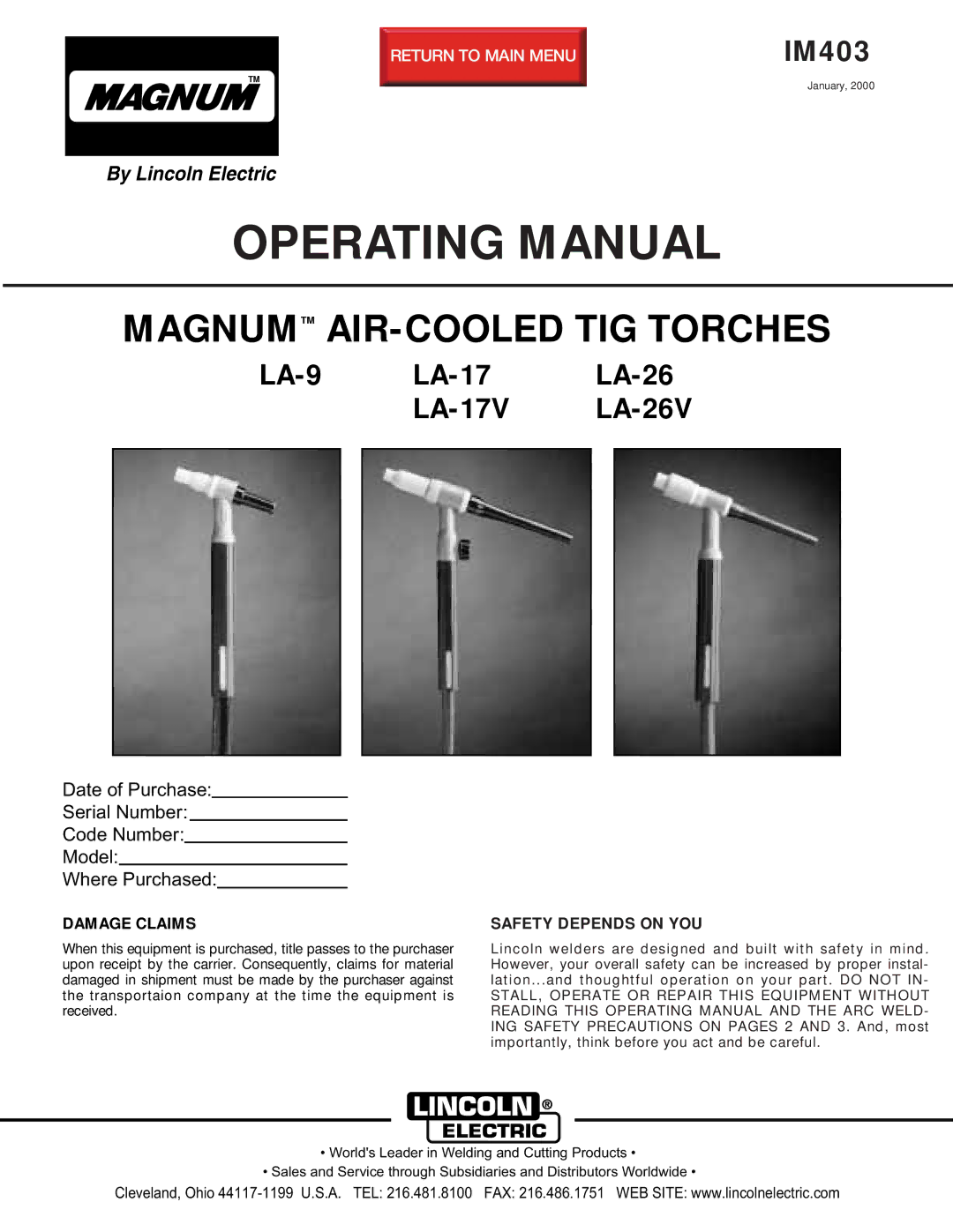 Lincoln Electric LA-26V, LA-9, LA-17V manual Operating Manual 