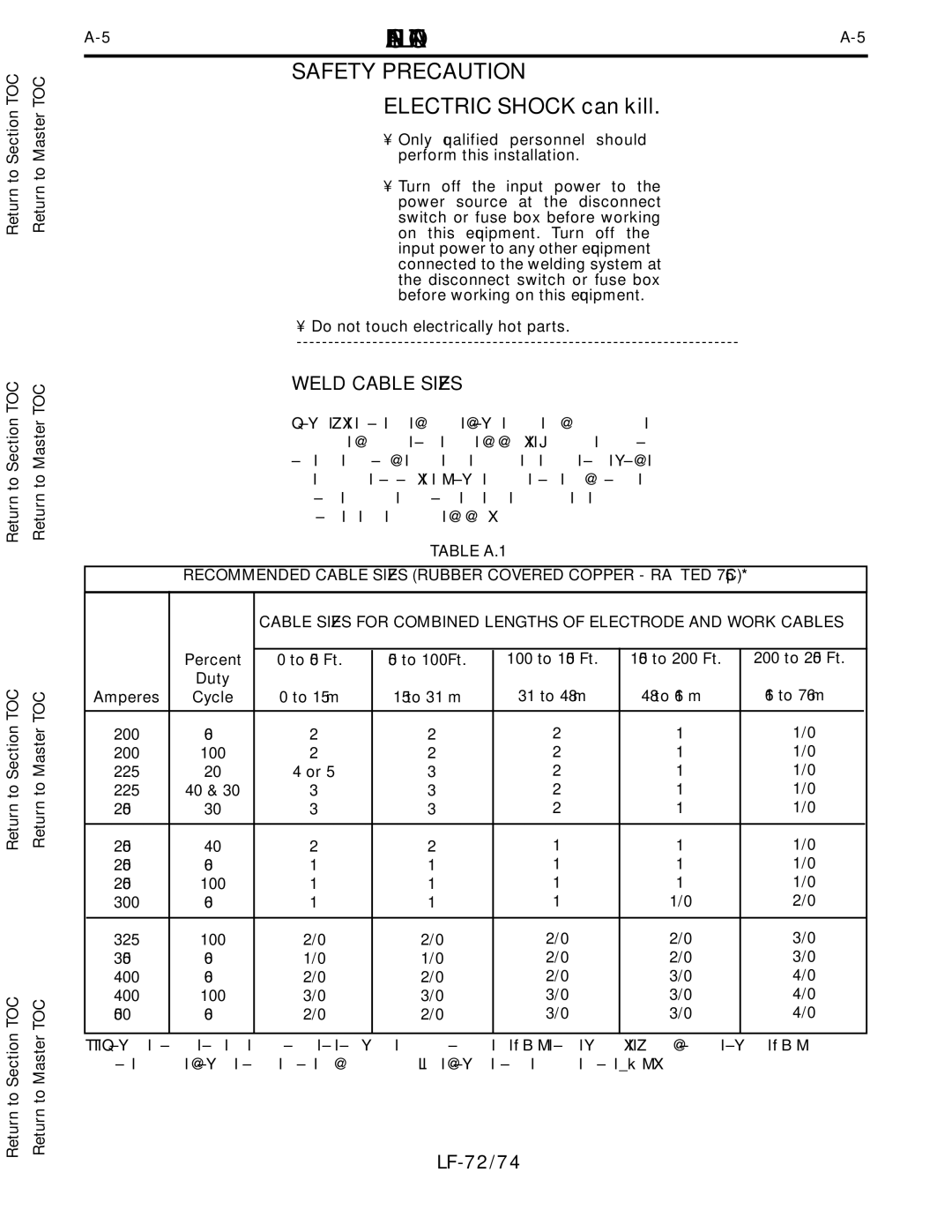 Lincoln Electric LF-72/74 service manual Weld Cable Sizes 