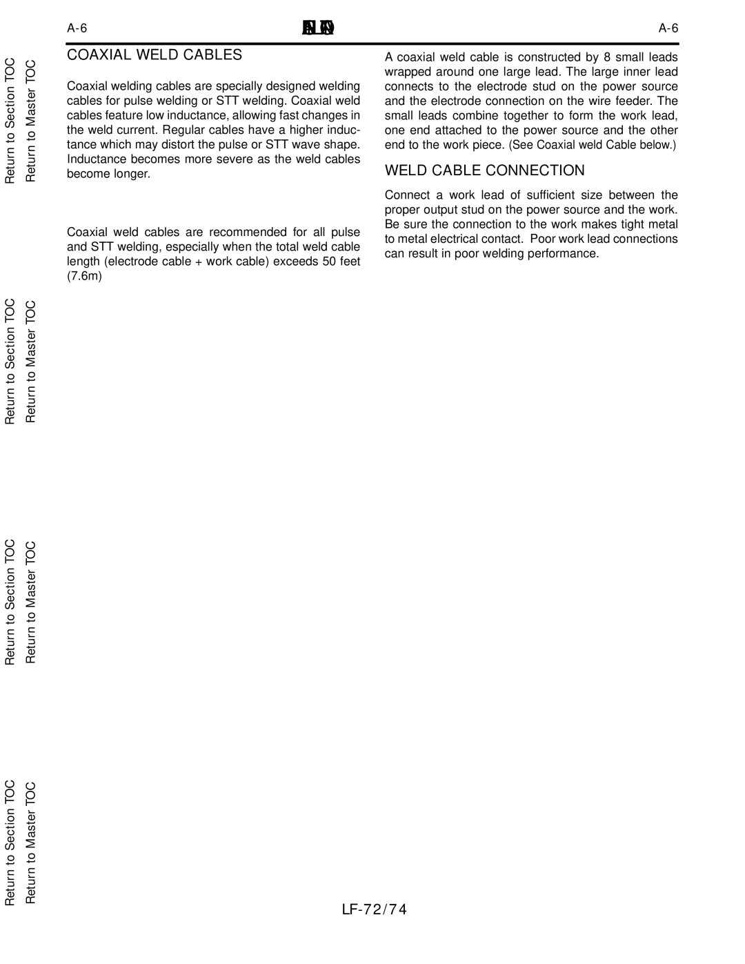 Lincoln Electric LF-72/74 service manual Coaxial Weld Cables, Weld Cable Connection 