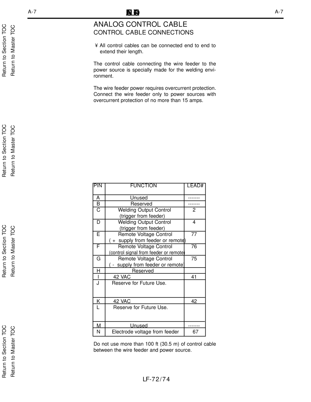 Lincoln Electric LF-72/74 service manual INSTALLATIONA-7, Analog Control Cable, Control Cable Connections 