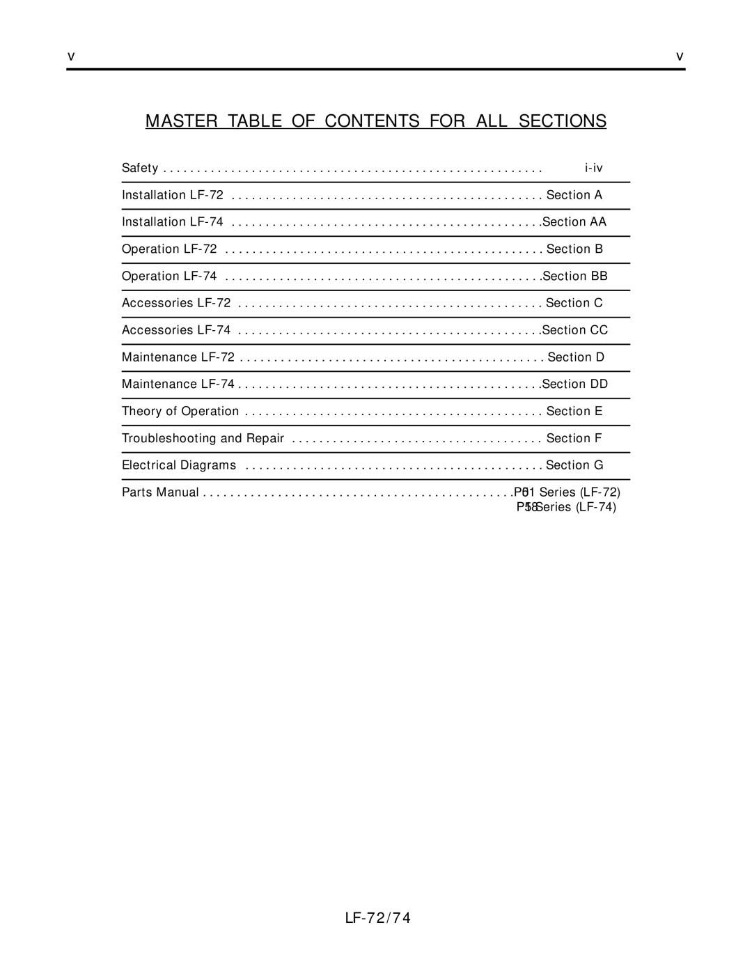 Lincoln Electric LF-72/74 service manual Master Table of Contents for ALL Sections 