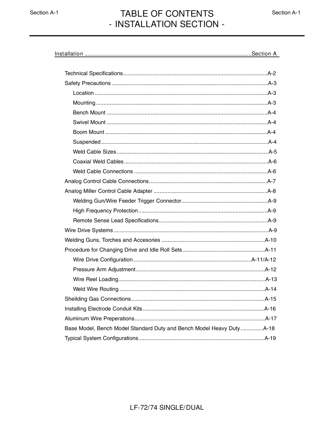 Lincoln Electric LF-72/74 service manual Table of Contents, Installation Section, Section A-1 