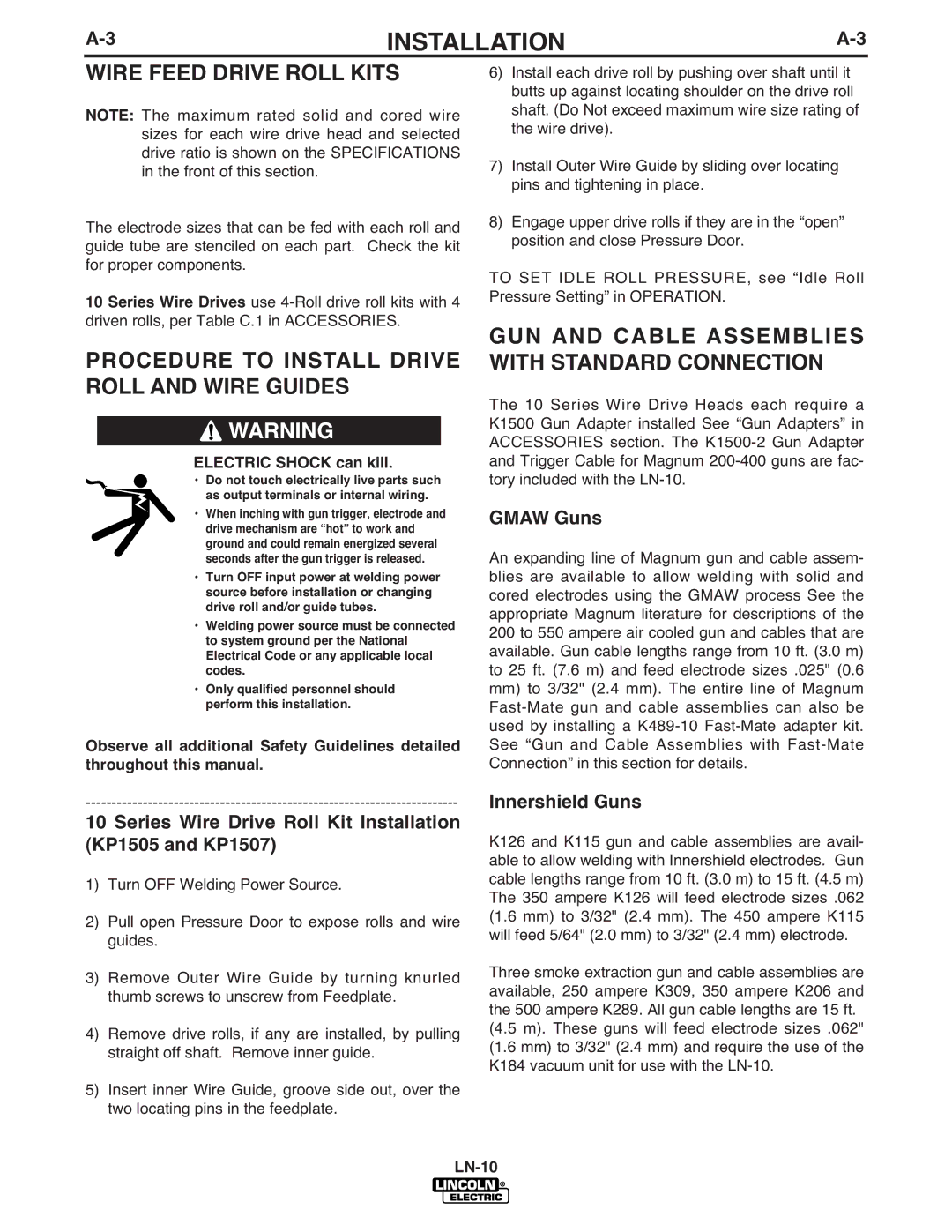 Lincoln Electric LN-10 manual Wire Feed Drive Roll Kits, Procedure to Install Drive Roll and Wire Guides 