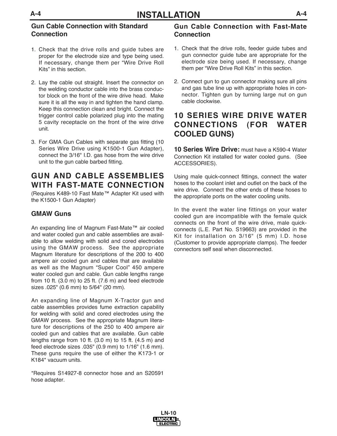 Lincoln Electric LN-10 GUN and Cable Assemblies with FAST-MATE Connection, Gun Cable Connection with Standard Connection 
