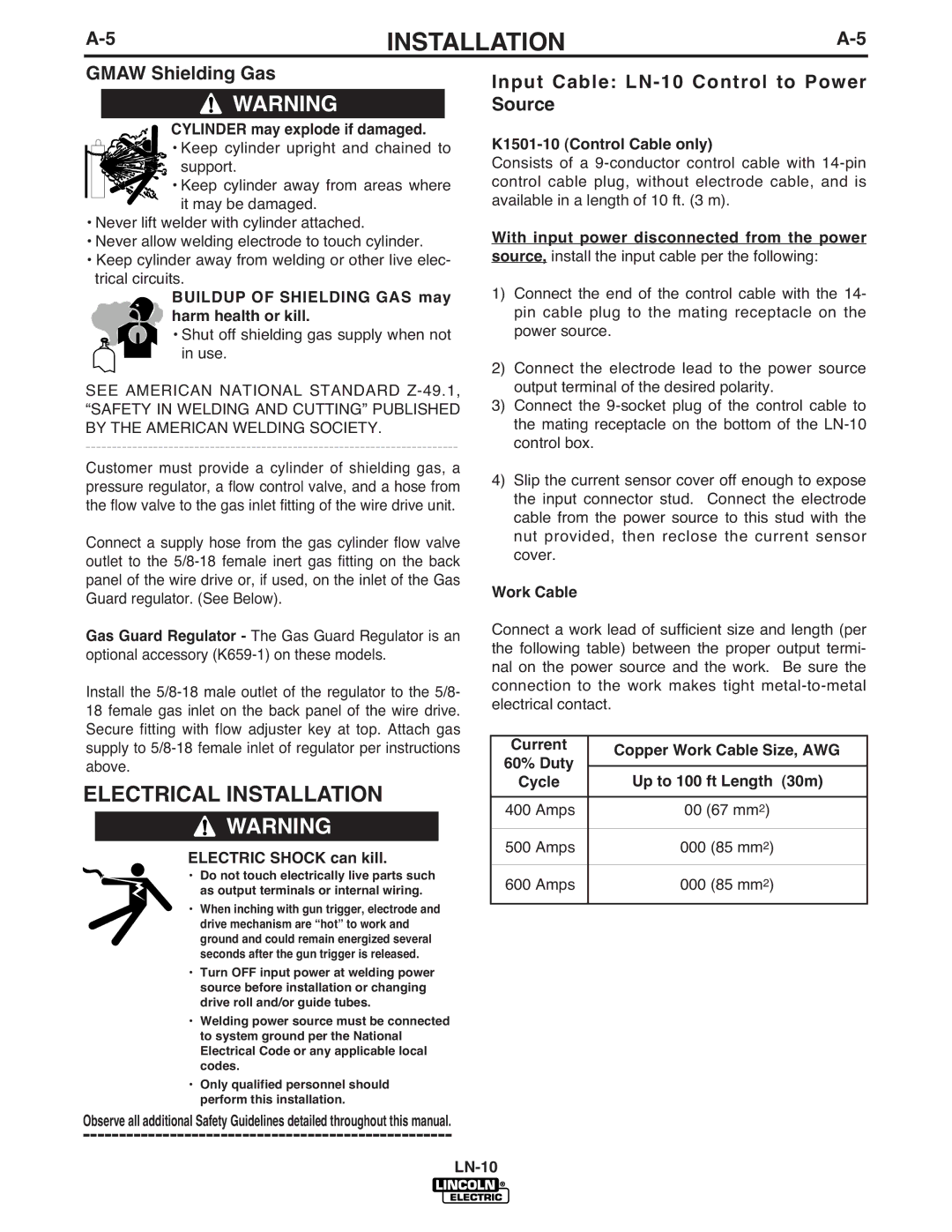 Lincoln Electric manual Electrical Installation, Gmaw Shielding Gas, Input Cable LN-10 Control to Power Source 