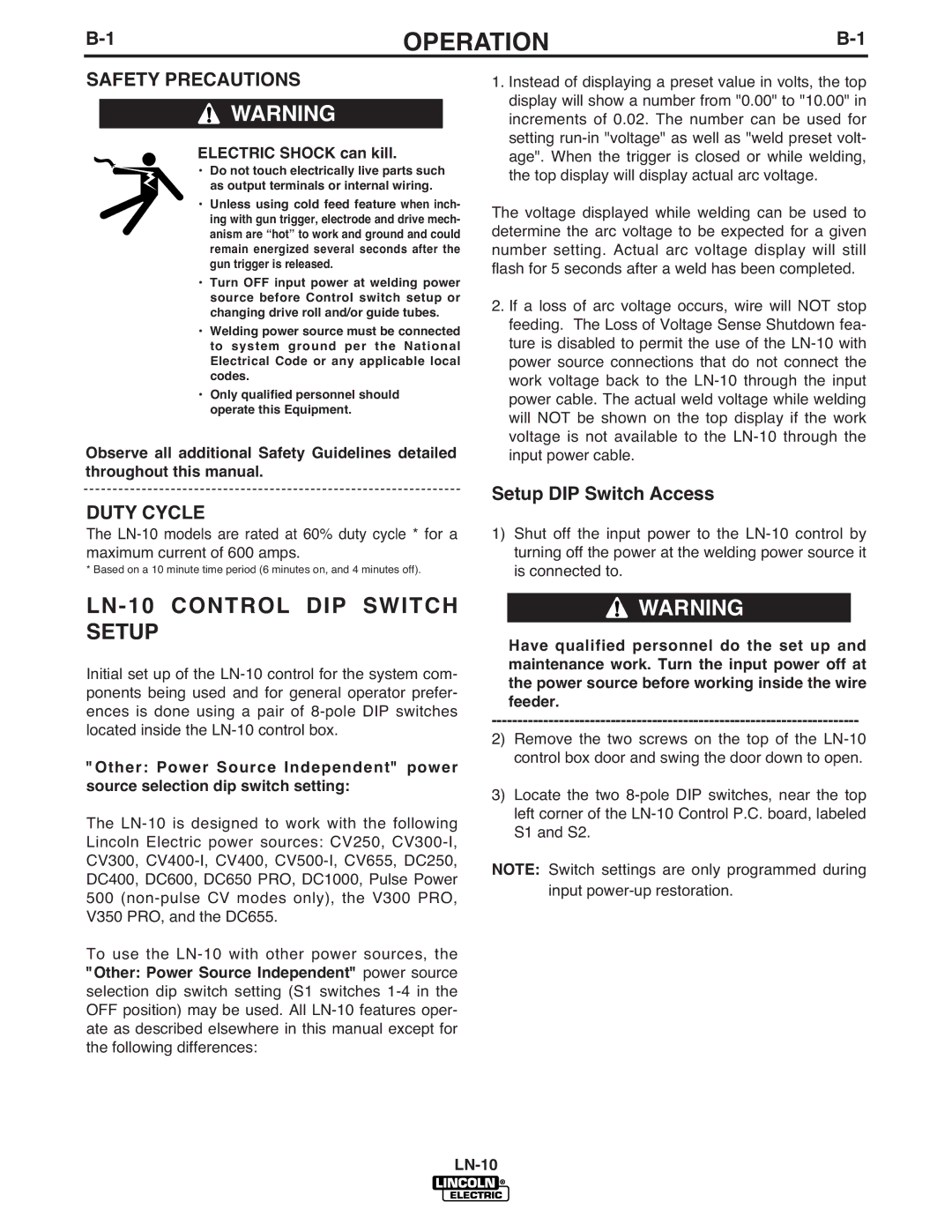 Lincoln Electric manual Operation, LN-10 Control DIP Switch Setup, Setup DIP Switch Access 