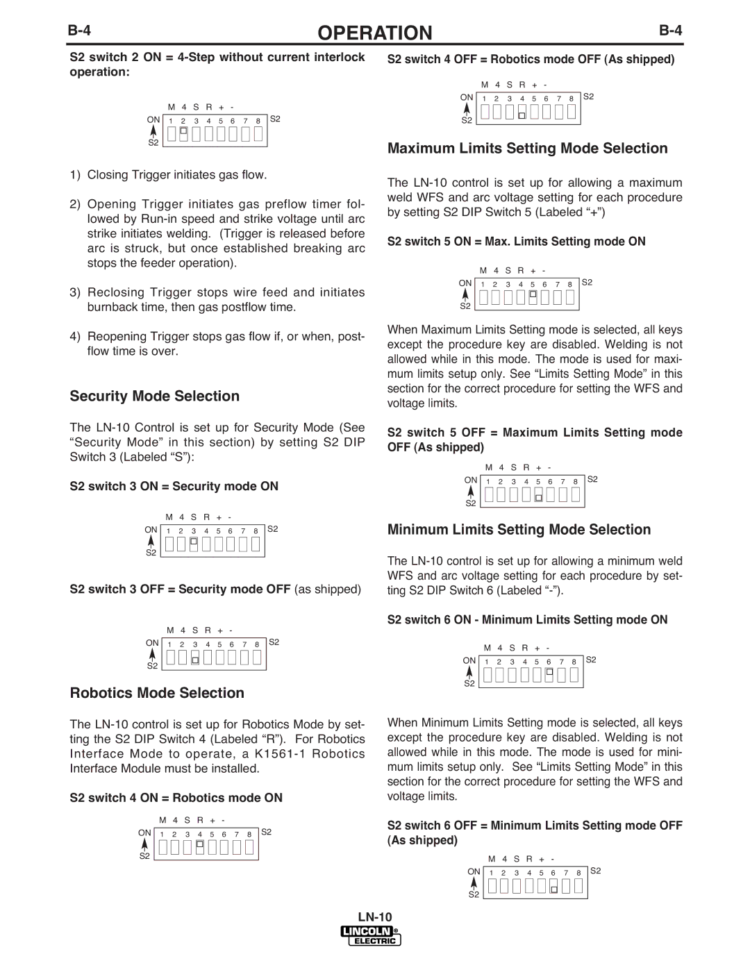 Lincoln Electric LN-10 manual Security Mode Selection, Robotics Mode Selection, Maximum Limits Setting Mode Selection 