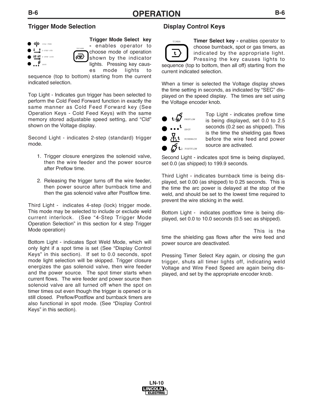 Lincoln Electric LN-10 manual Trigger Mode Selection, Display Control Keys, Trigger Mode Select Key 