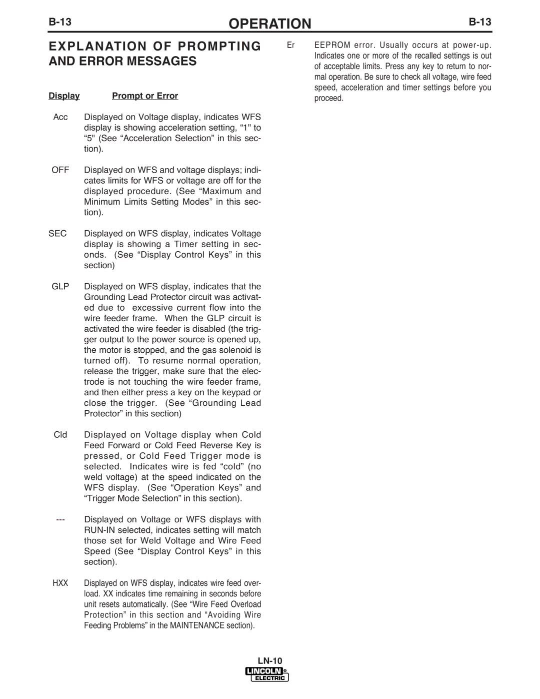 Lincoln Electric LN-10 manual Explanation of Prompting and Error Messages, Display Prompt or Error 