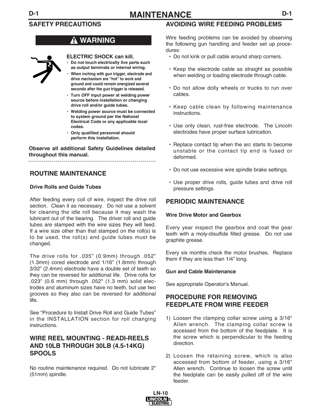 Lincoln Electric LN-10 manual Drive Rolls and Guide Tubes, Wire Drive Motor and Gearbox, Gun and Cable Maintenance 