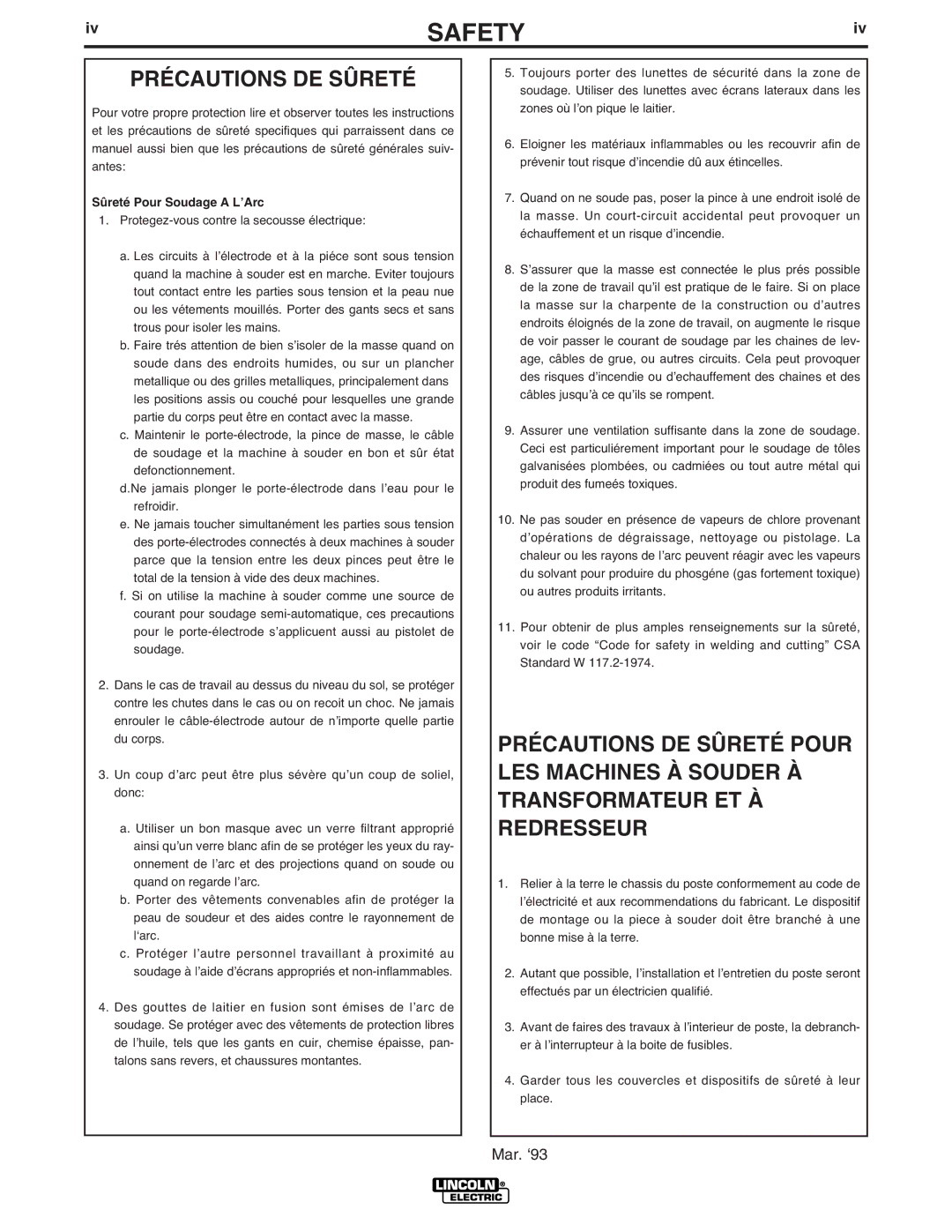 Lincoln Electric LN-10 manual Précautions DE Sûreté, Sûreté Pour Soudage a LʼArc 