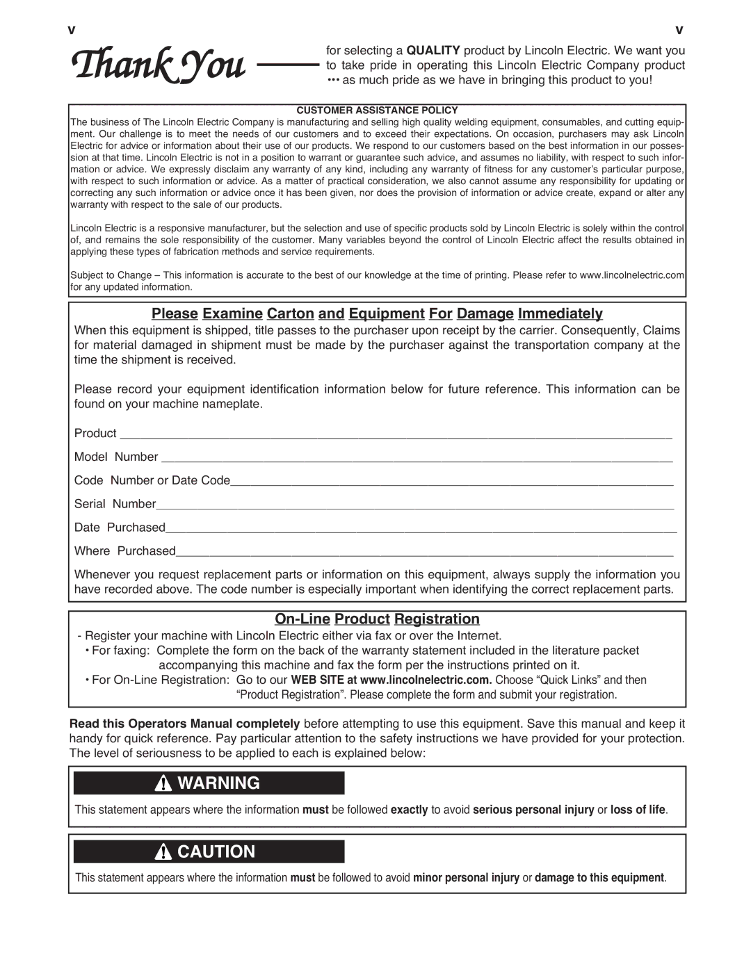 Lincoln Electric LN-10 manual Please Examine Carton and Equipment For Damage Immediately, On-Line Product Registration 