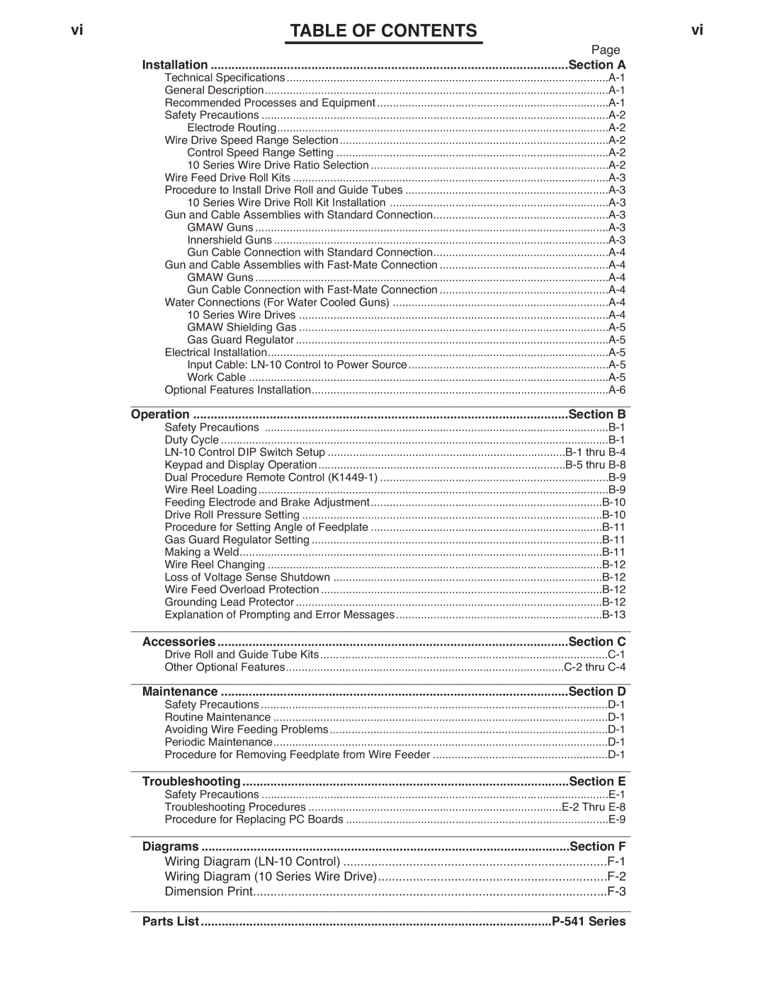 Lincoln Electric LN-10 manual Table of Contents 