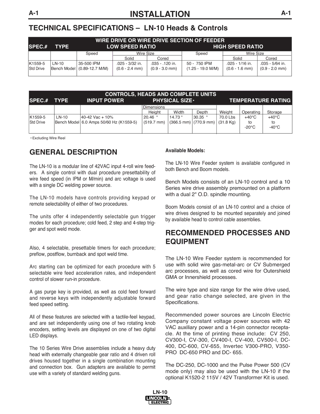 Lincoln Electric LN-10 manual Installation, General Description, Recommended Processes and Equipment, Available Models 