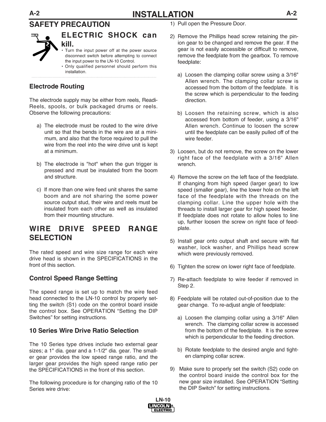 Lincoln Electric LN-10 manual Wire Drive Speed Range Selection, Electrode Routing, Control Speed Range Setting 