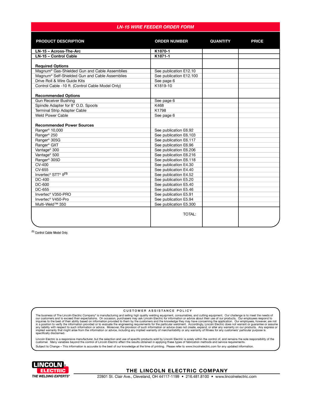 Lincoln Electric LN-15 Wire Feeder Order Form, Product Description Order Number Quantity Price, Recommended Options 