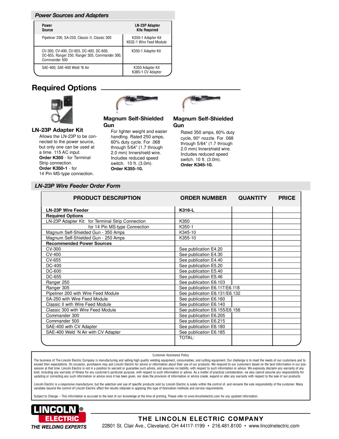 Lincoln Electric technical specifications Power Sources and Adapters, LN-23P Adapter Kit, Magnum Self-Shielded Gun 