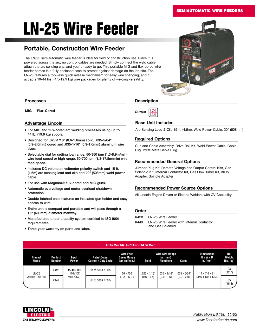 Lincoln Electric LN-25 technical specifications MIG Flux-Cored Output, Technical Specifications 