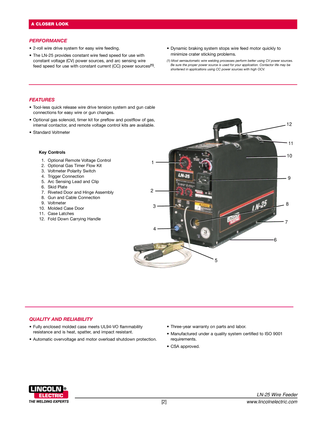 Lincoln Electric LN-25 technical specifications Performance, Features, Quality and Reliability, Key Controls 