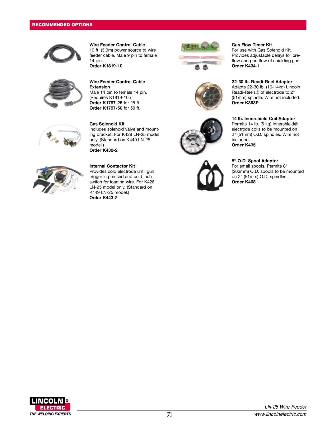 Lincoln Electric LN-25 technical specifications Order K1819-10 Wire Feeder Control Cable Extension, Order K468 