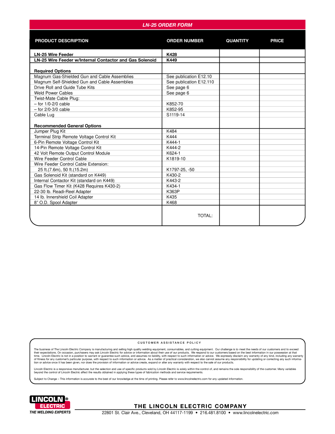 Lincoln Electric technical specifications LN-25 Wire Feeder K428, K449 Required Options, Recommended General Options 