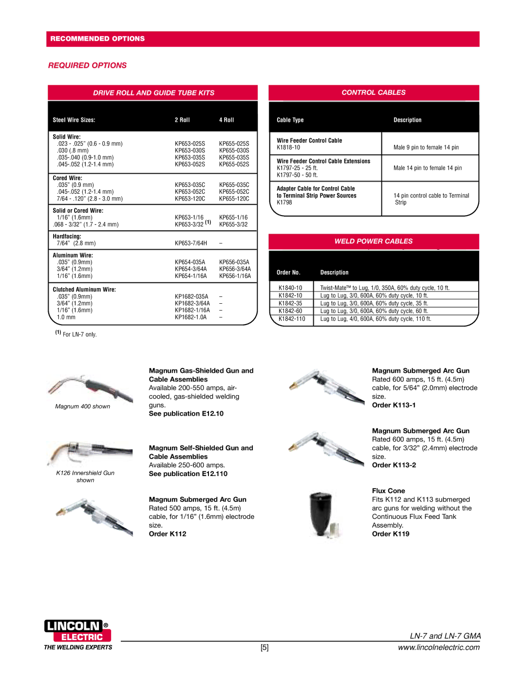 Lincoln Electric LN-7 GMA Required Options, Drive Roll and Guide Tube Kits, Control Cables, Weld Power Cables 