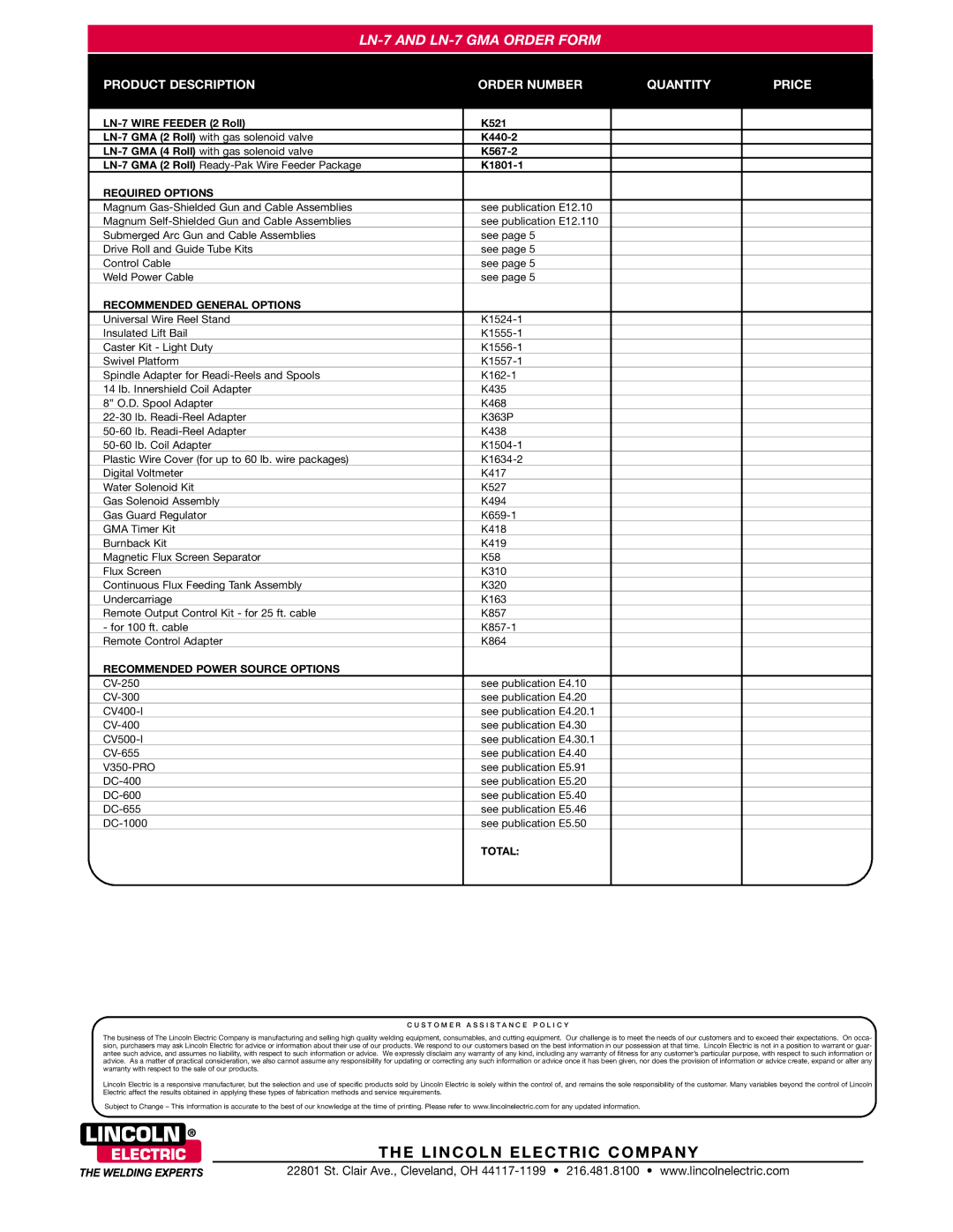 Lincoln Electric LN-7 GMA technical specifications LN-7 Wire Feeder 2 Roll K521, K440-2, K567-2, K1801-1 