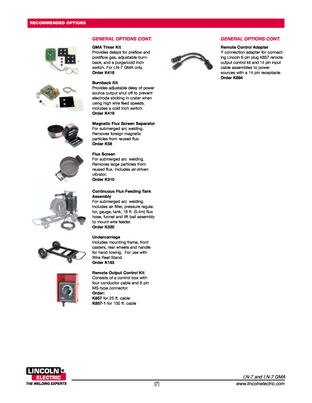 Lincoln Electric technical specifications General Options Cont, LN-7 and LN-7 GMA, Recommended Options, GMA Timer Kit 