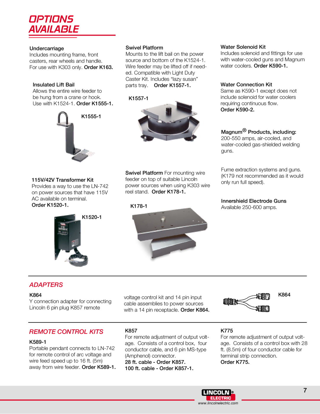 Lincoln Electric LN-742H manual Adapters, Remote Control Kits 