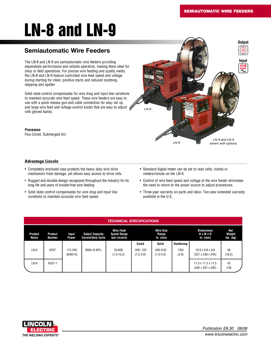 Lincoln Electric LN-9, LN-8 dimensions Processes, Technical Specifications 