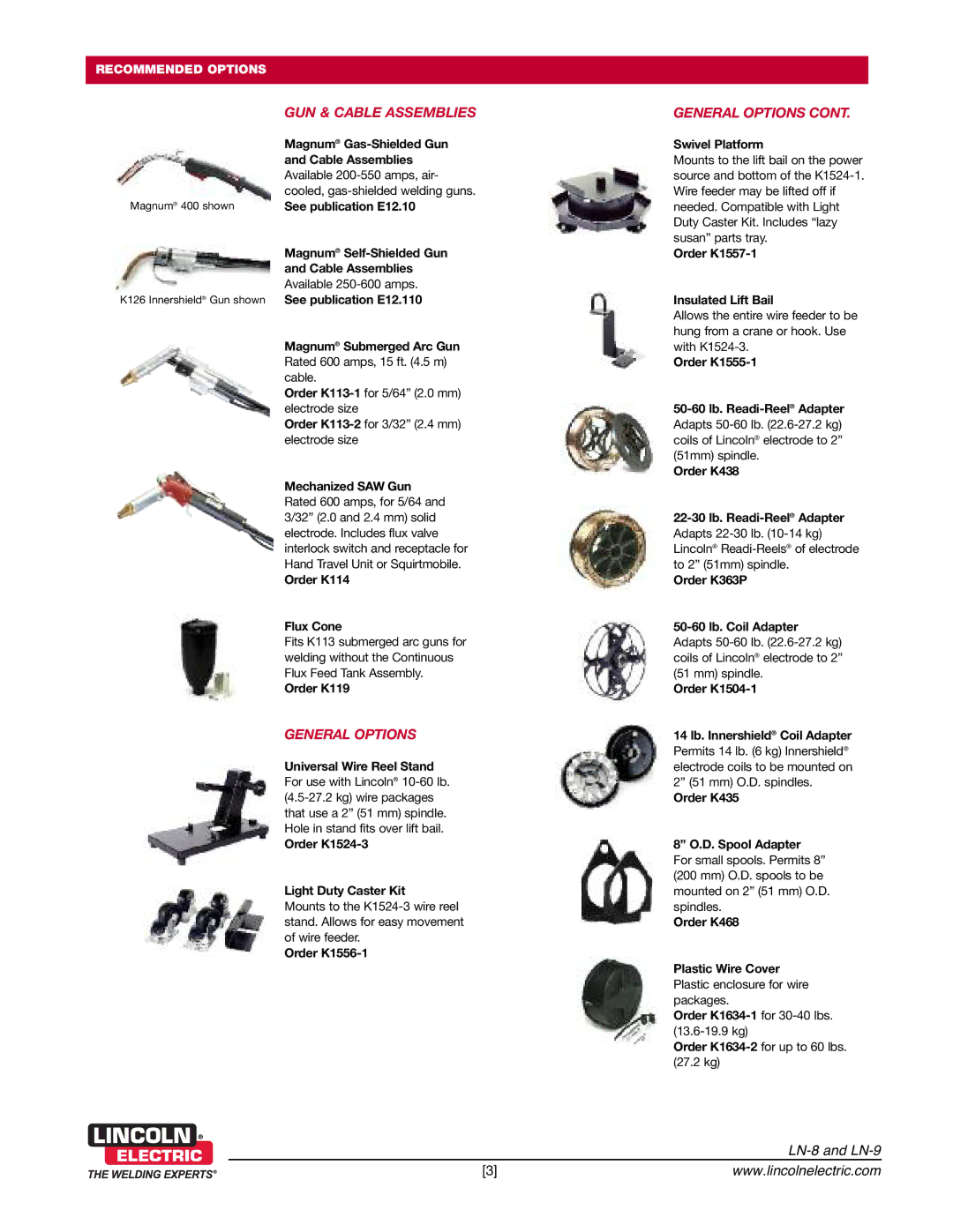 Lincoln Electric LN-9, LN-8 dimensions GUN & Cable Assemblies, General Options 