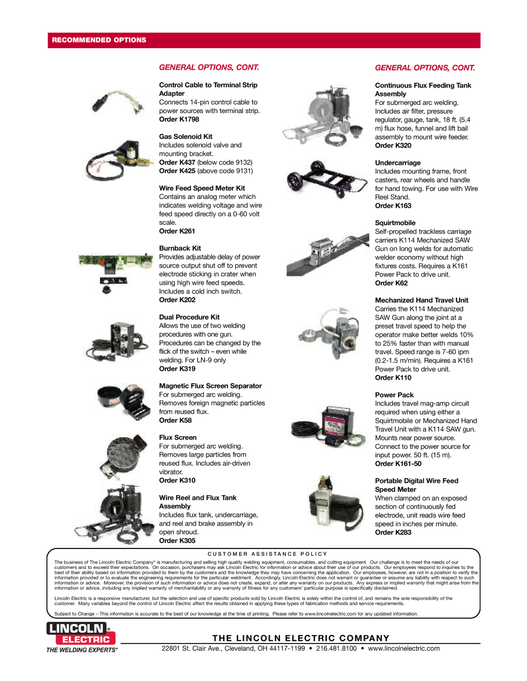 Lincoln Electric LN-8, LN-9 dimensions General OPTIONS 