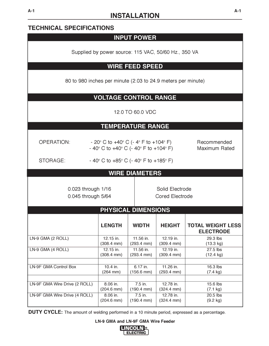 Lincoln Electric manual Technical Specifications, Width Height, LN-9 GMA and LN-9F GMA Wire Feeder 