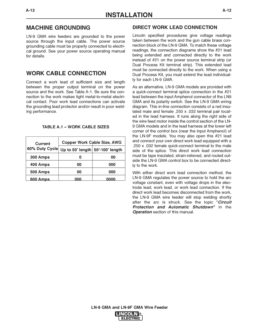 Lincoln Electric LN-9 GMA, LN-9F GMA manual Machine Grounding, Direct Work Lead Connection 