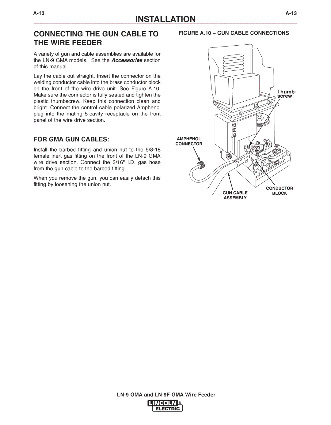 Lincoln Electric LN-9F GMA, LN-9 GMA manual Connecting the GUN CAbLE to the Wire Feeder, For GMA GUN CAbLES 